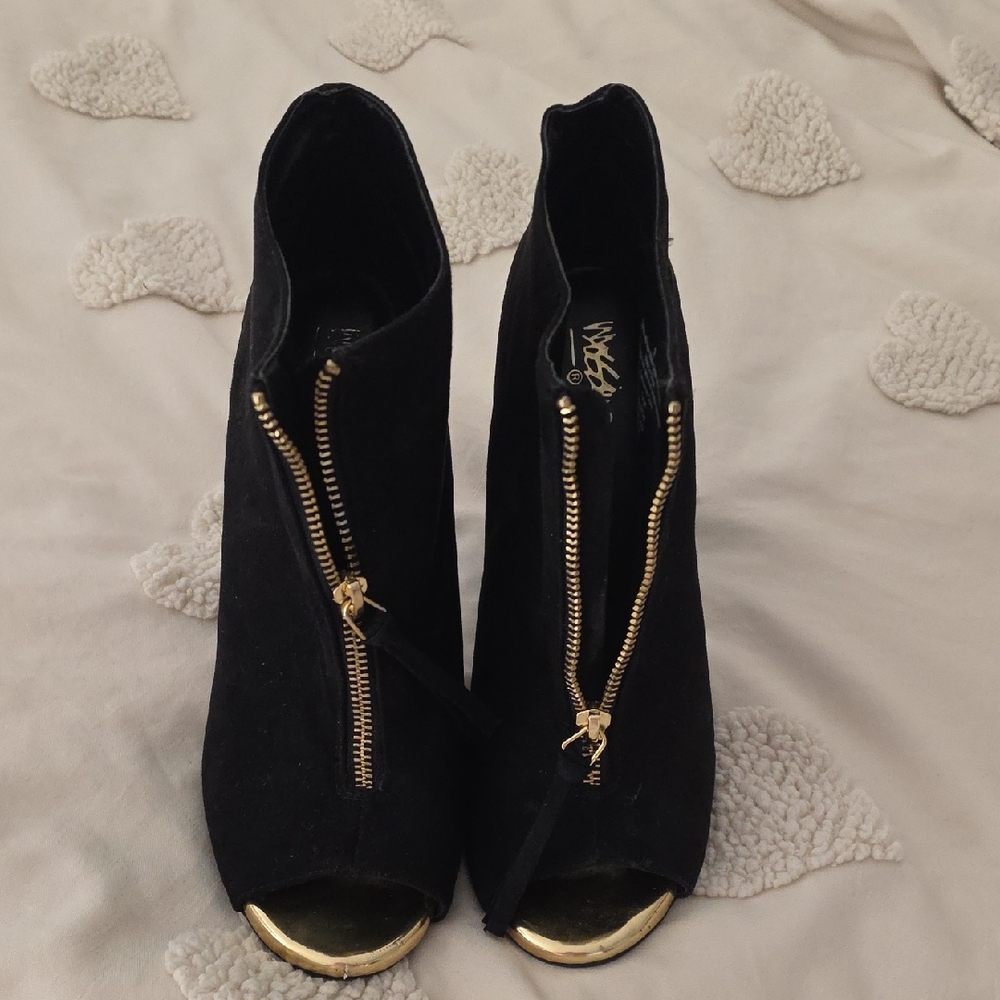 Mossimo Supply Co. Black Suede Peep-Toe Ankle Boots with Gold Trim